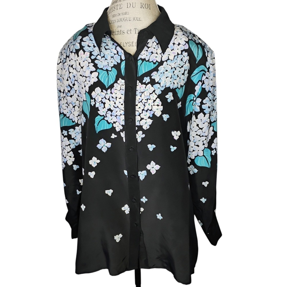 Bob Mackie Wearable Art Floral Silk Tunic Blouse Womens 2X Sequin Button Front